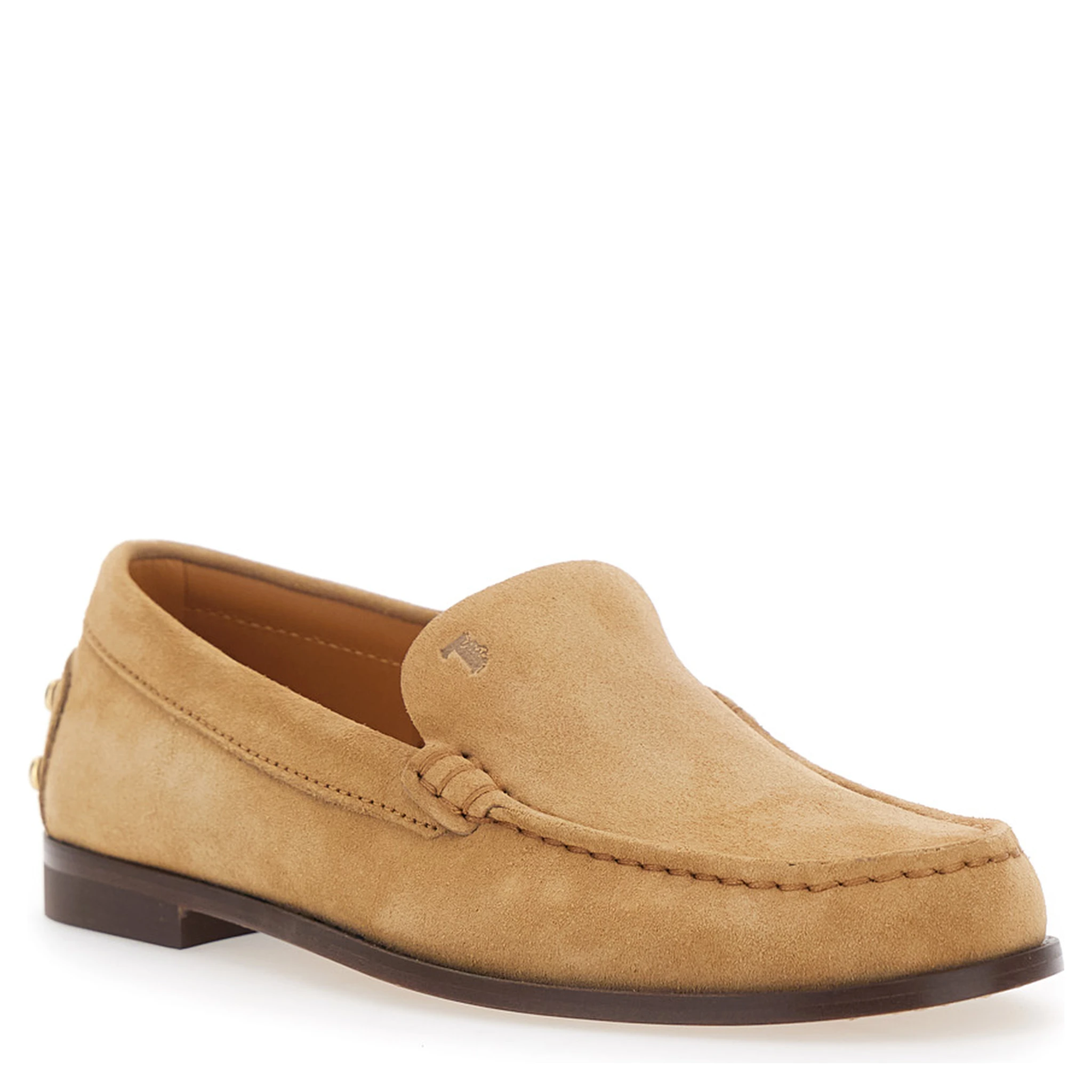 Beige Loafers with Embossed Logo and Stud Details on the Back in Leather Woman