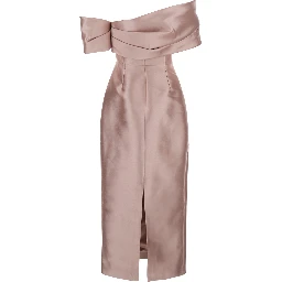 Mirla Pink Long Dress with Off-the-Shoulder Design and Back Slit in Fabric Woman