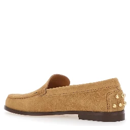 Beige Loafers with Embossed Logo and Stud Details on the Back in Leather Woman