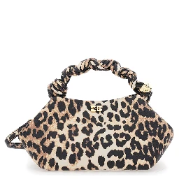 Bou Brown Small Handbag with Braided Handle and All-Over Leopard Motif in Fabric Woman