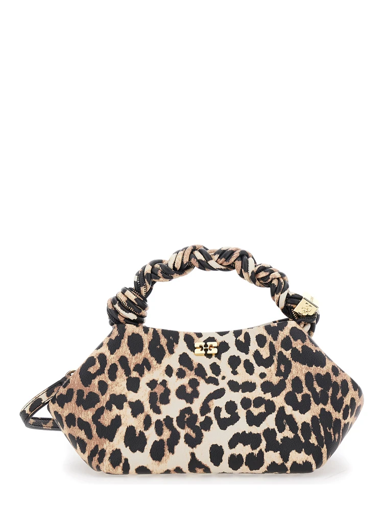 Bou Brown Small Handbag with Braided Handle and All-Over Leopard Motif in Fabric Woman