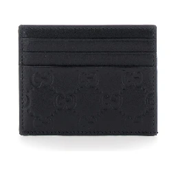 Emblem Black Card Holder with All-Over Embossed GG Motif in Leather Man