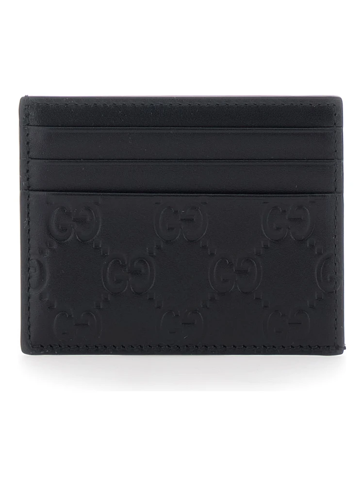 Emblem Black Card Holder with All-Over Embossed GG Motif in Leather Man