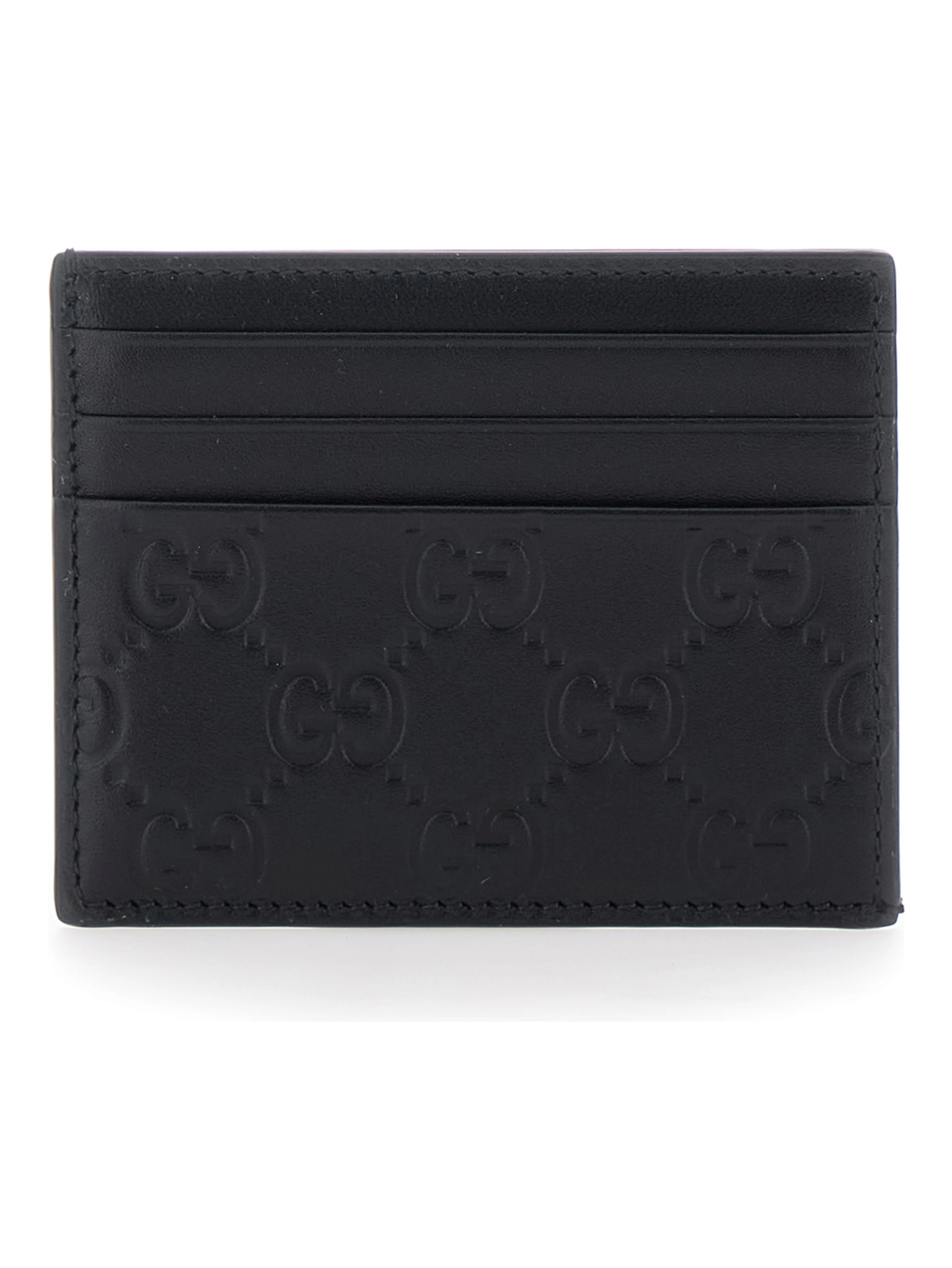 Emblem Black Card Holder with All-Over Embossed GG Motif in Leather Man
