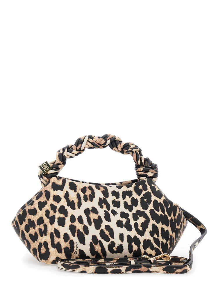 Bou Brown Small Handbag with Braided Handle and All-Over Leopard Motif in Fabric Woman alternative