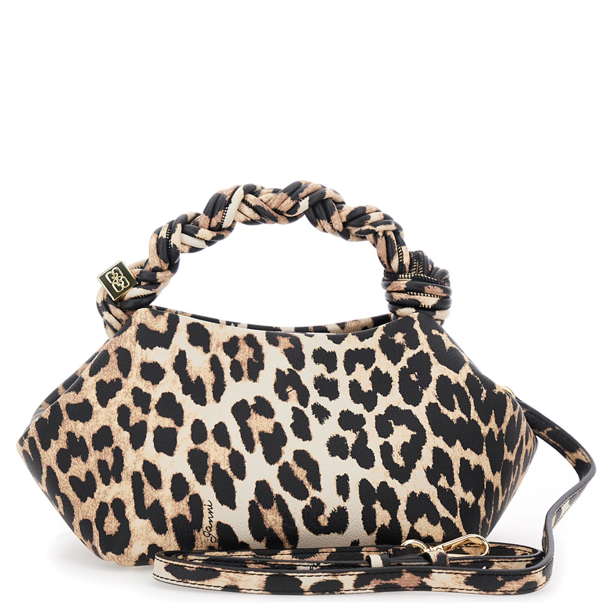 Bou Brown Small Handbag with Braided Handle and All-Over Leopard Motif in Fabric Woman