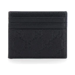 Emblem Black Card Holder with All-Over Embossed GG Motif in Leather Man