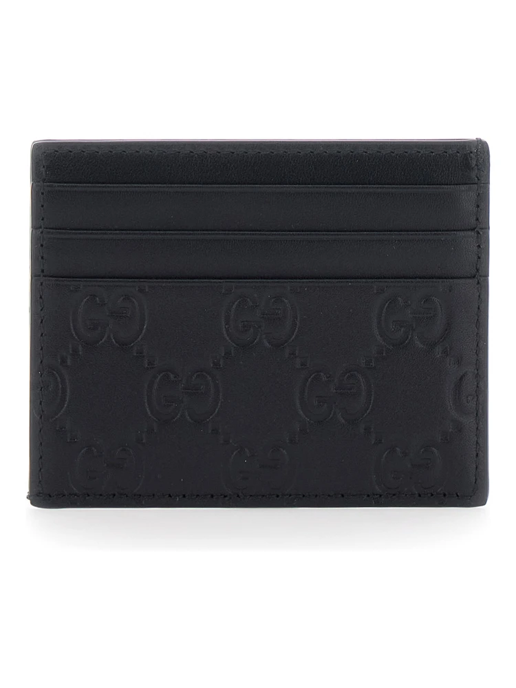 Emblem Black Card Holder with All-Over Embossed GG Motif in Leather Man alternative