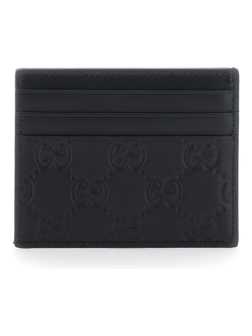 Emblem Black Card Holder with All-Over Embossed GG Motif in Leather Man