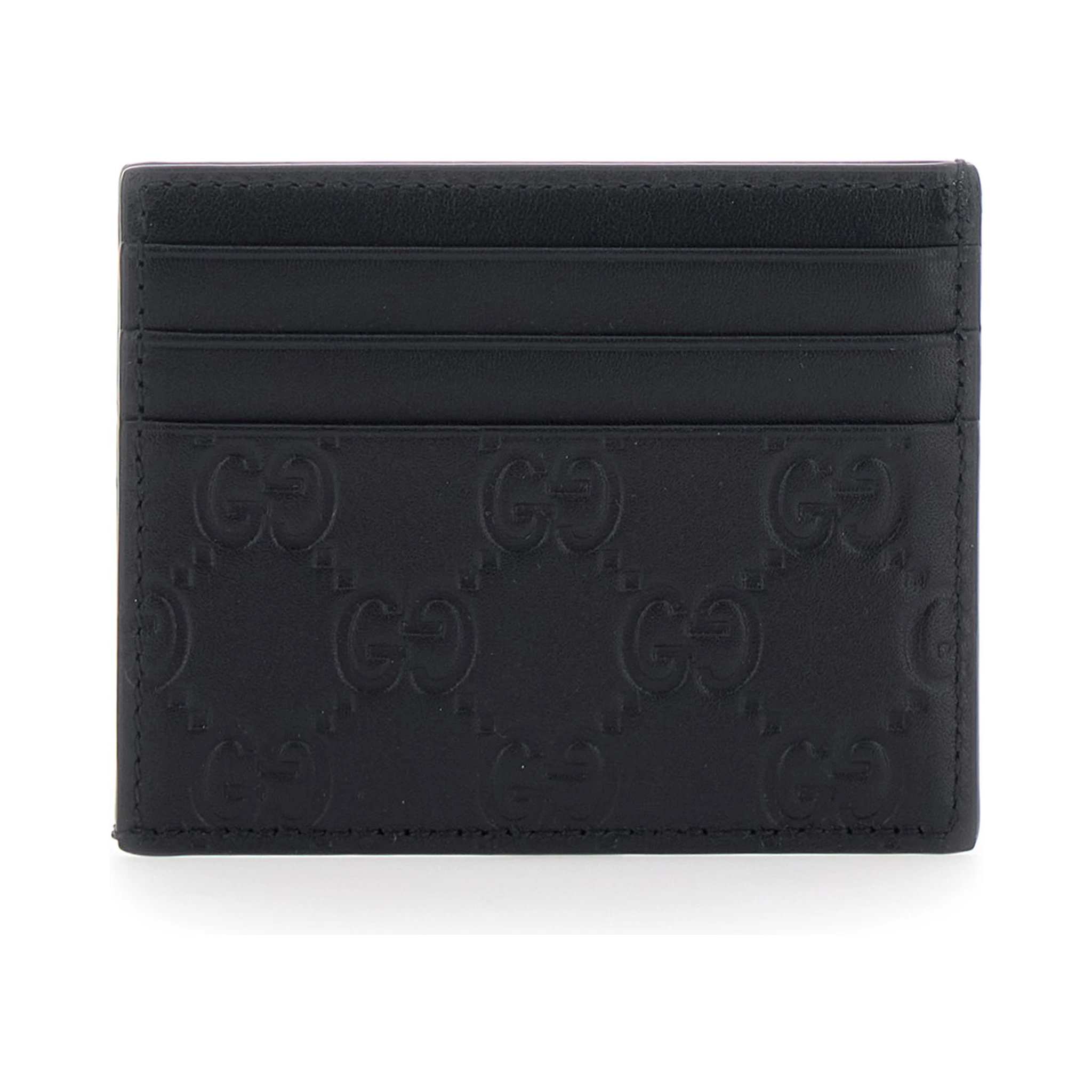 Emblem Black Card Holder with All-Over Embossed GG Motif in Leather Man