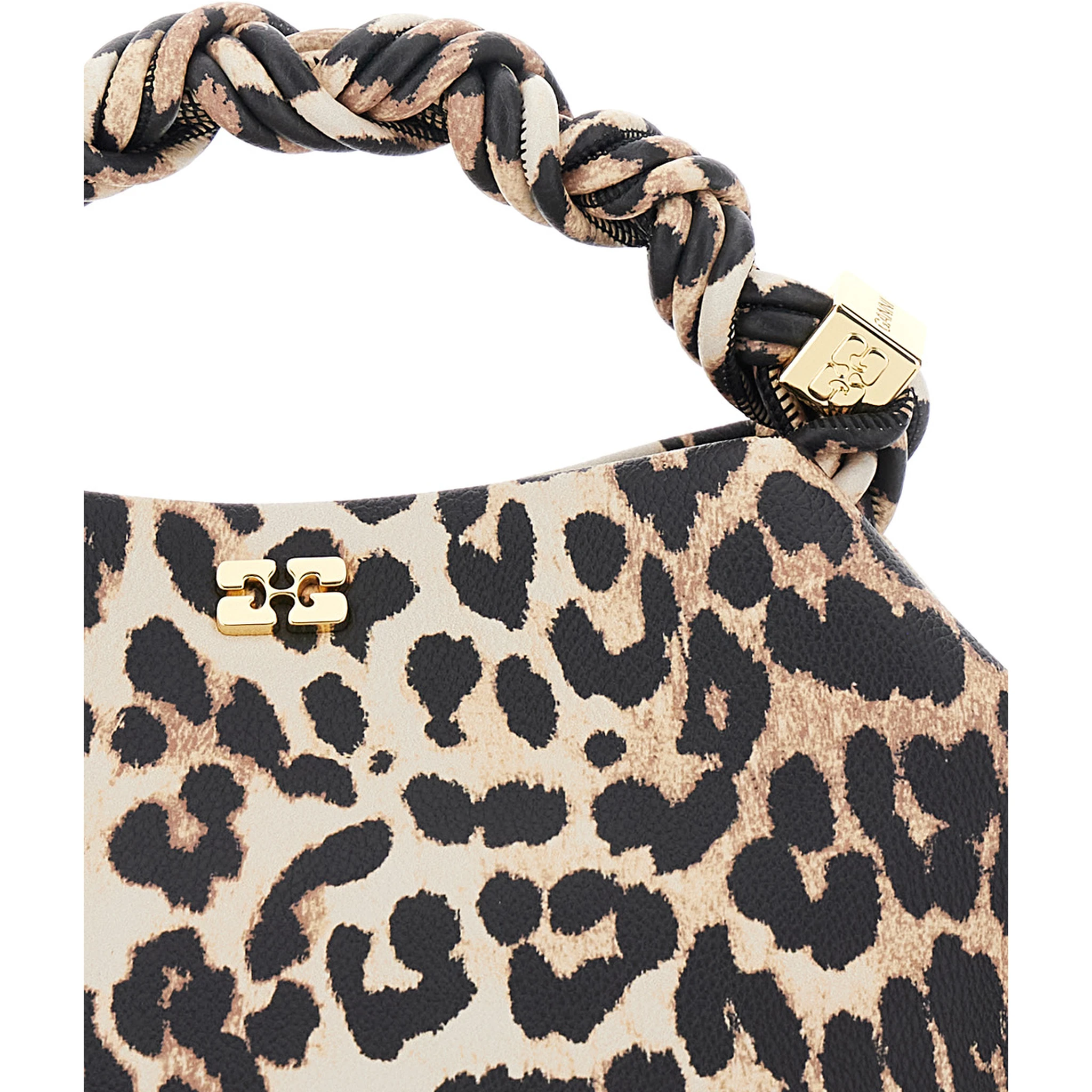 Bou Brown Small Handbag with Braided Handle and All-Over Leopard Motif in Fabric Woman