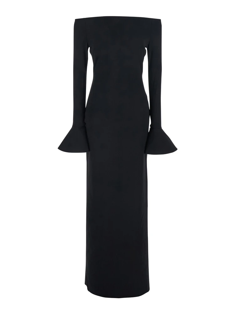 Anica Black Long Dress with Square Neckline and Flared Cuffs in Fabric Woman