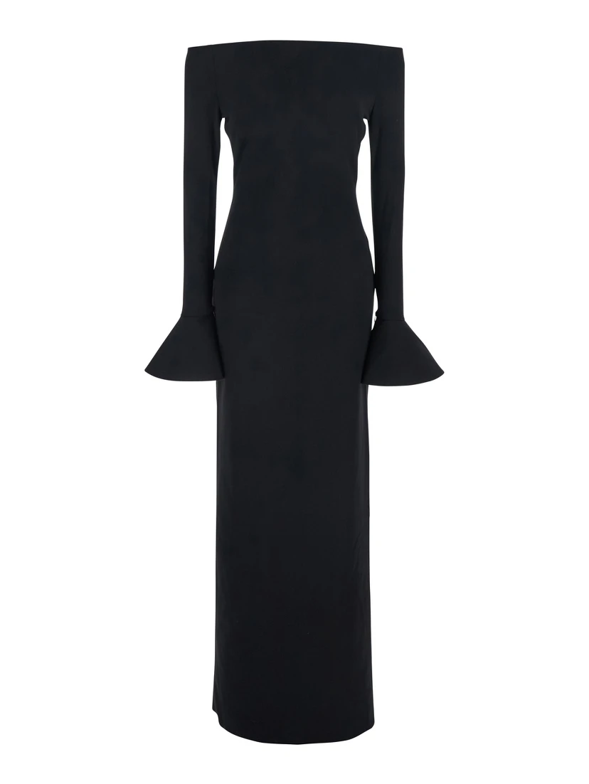 Anica Black Long Dress with Square Neckline and Flared Cuffs in Fabric Woman