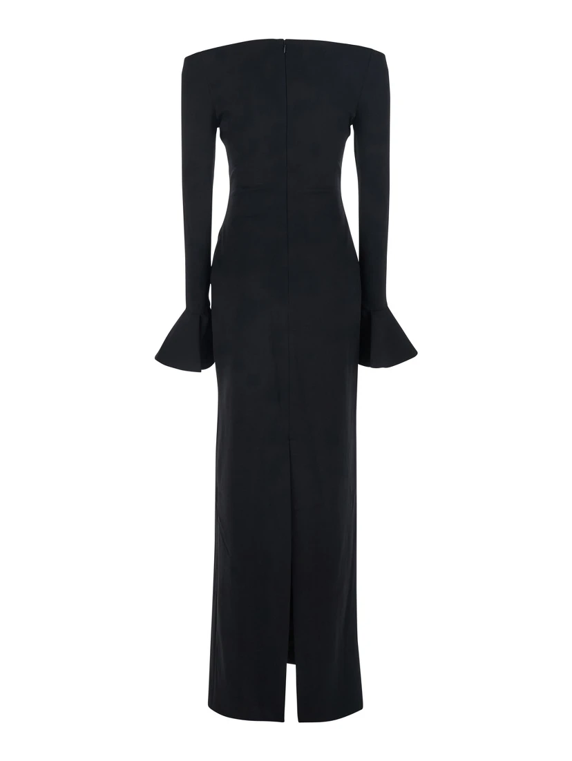 Anica Black Long Dress with Square Neckline and Flared Cuffs in Fabric Woman
