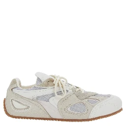 Slow Runner White and Beige Sneaker with Mesh Inserts and Grooved Sole in Leather and Fabric Man
