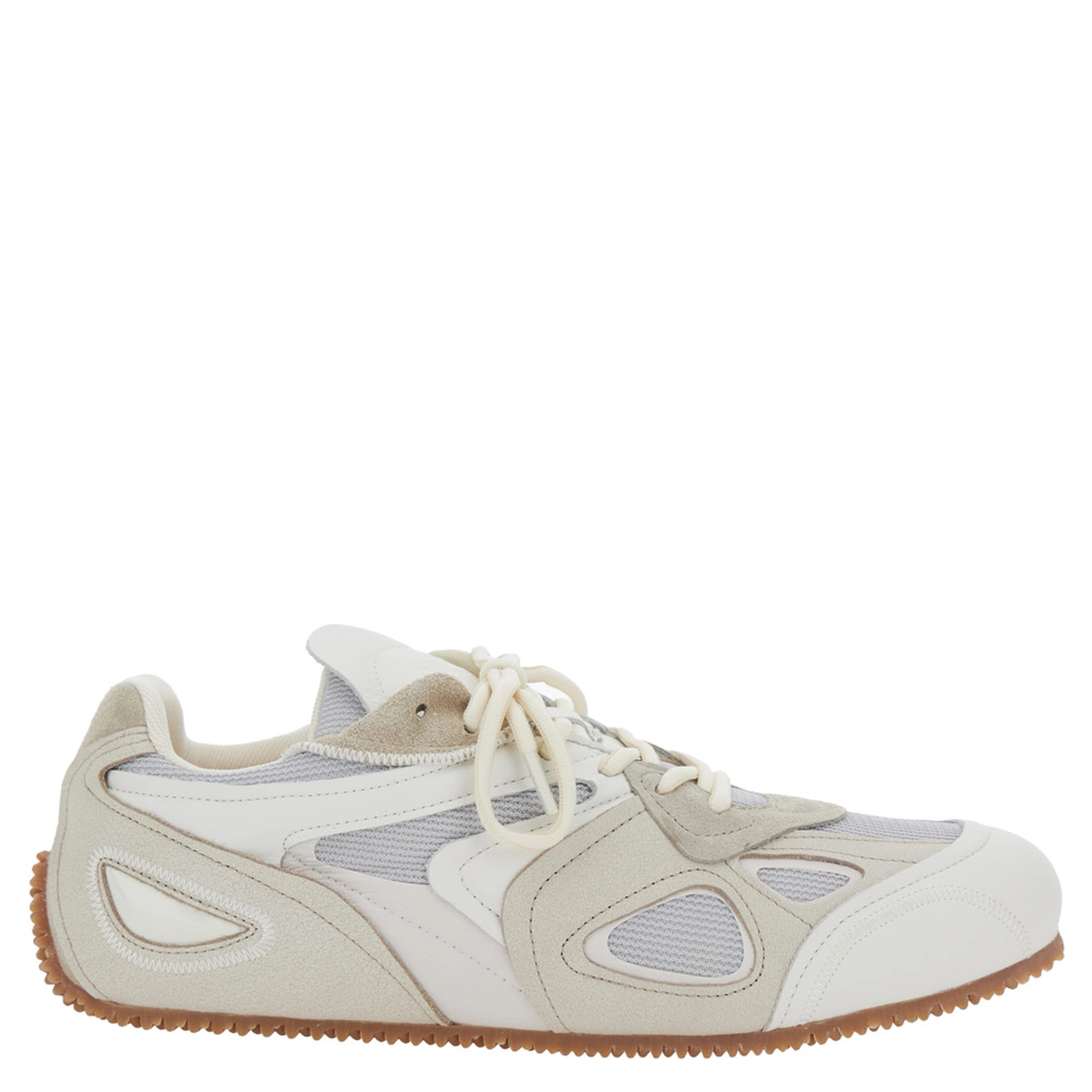 Slow Runner White and Beige Sneaker with Mesh Inserts and Grooved Sole in Leather and Fabric Man