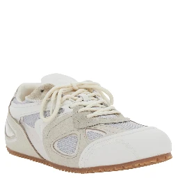 Slow Runner White and Beige Sneaker with Mesh Inserts and Grooved Sole in Leather and Fabric Man