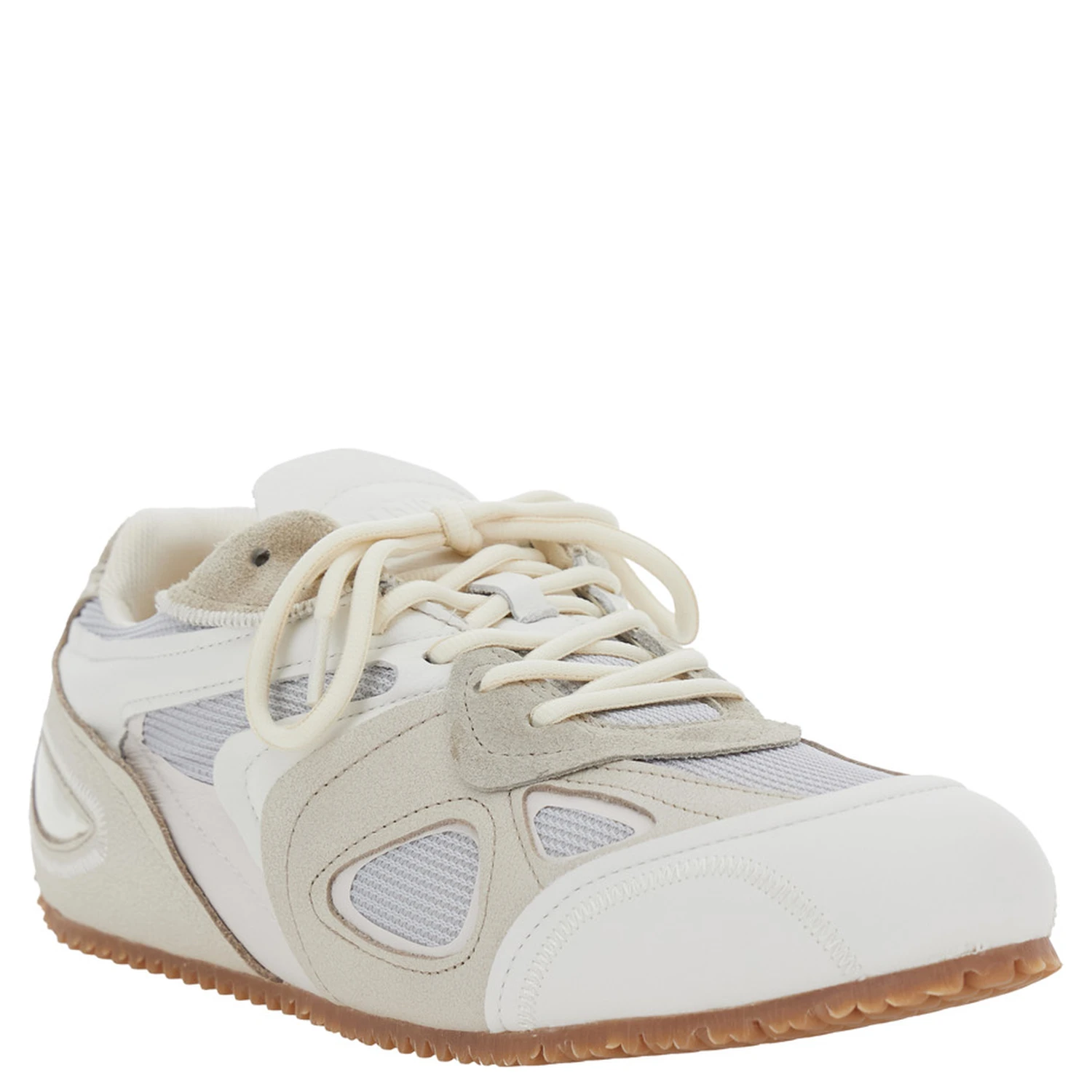 Slow Runner White and Beige Sneaker with Mesh Inserts and Grooved Sole in Leather and Fabric Man