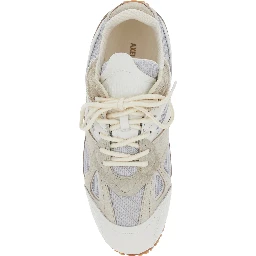 Slow Runner White and Beige Sneaker with Mesh Inserts and Grooved Sole in Leather and Fabric Man