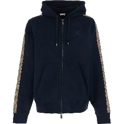 Blue Sweatshirt with Drawstring Hood and Check Motif on the Sleeve in Cotton Man