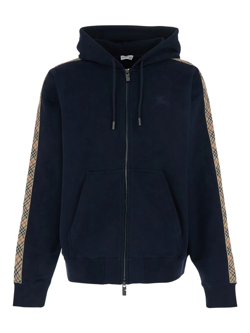 Blue Sweatshirt with Drawstring Hood and Check Motif on the Sleeve in Cotton Man