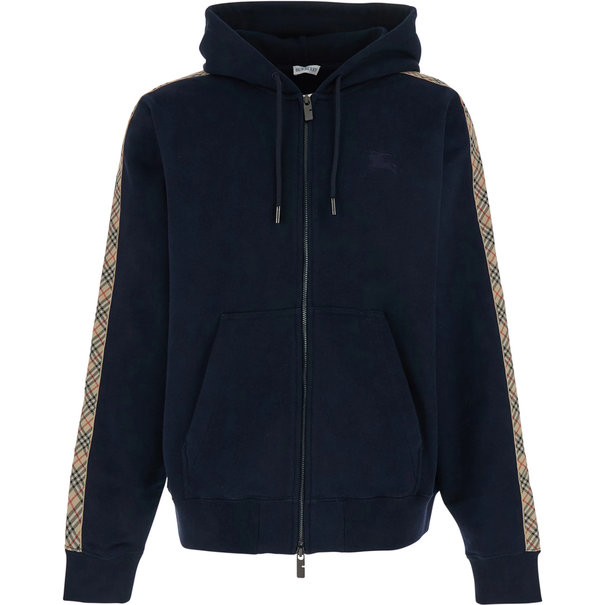 Blue Sweatshirt with Drawstring Hood and Check Motif on the Sleeve in Cotton Man