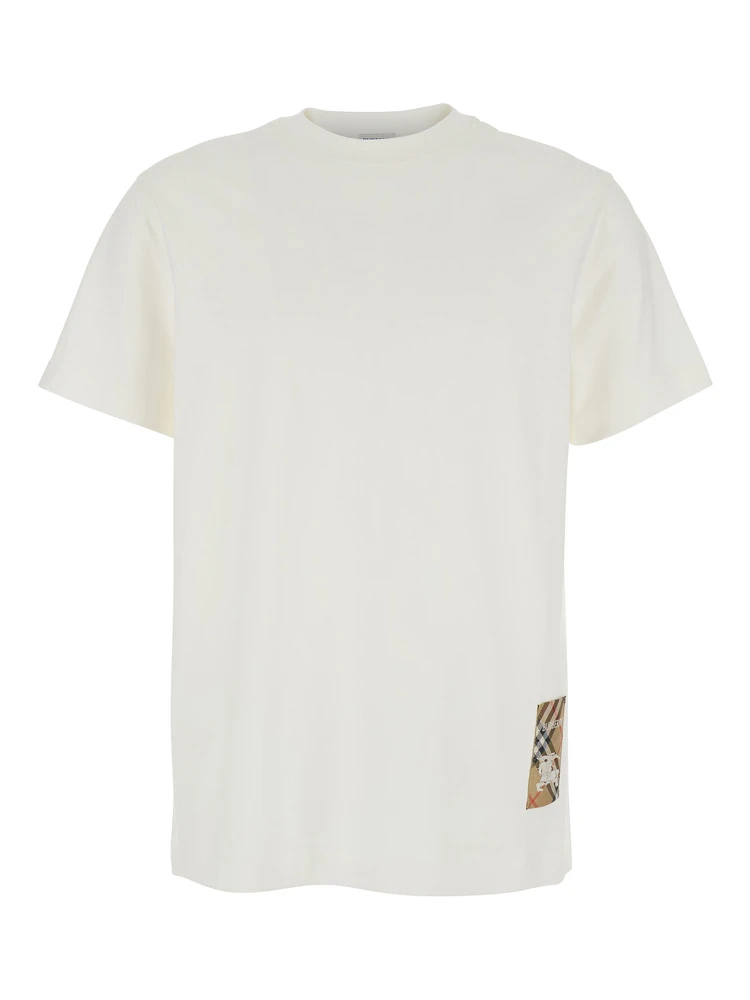 White T-Shirt with Logo Patch with Check Motif on the Front in Cotton Man