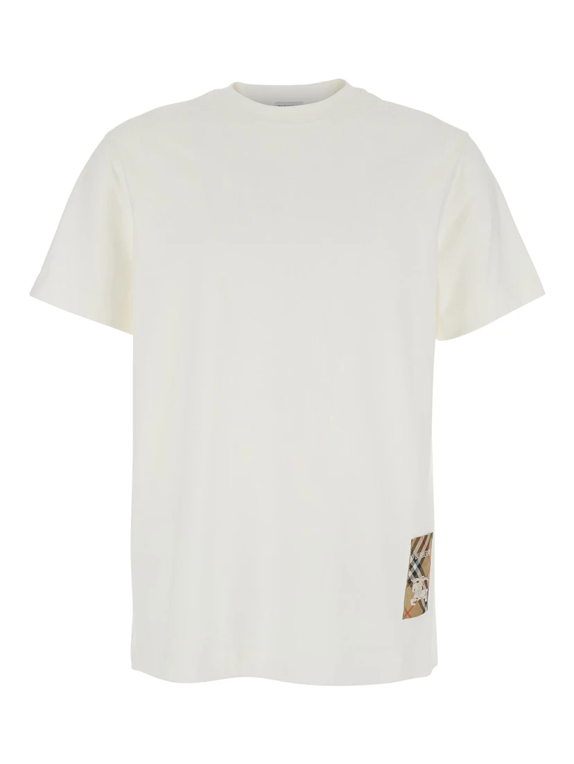 White T-Shirt with Logo Patch with Check Motif on the Front in Cotton Man
