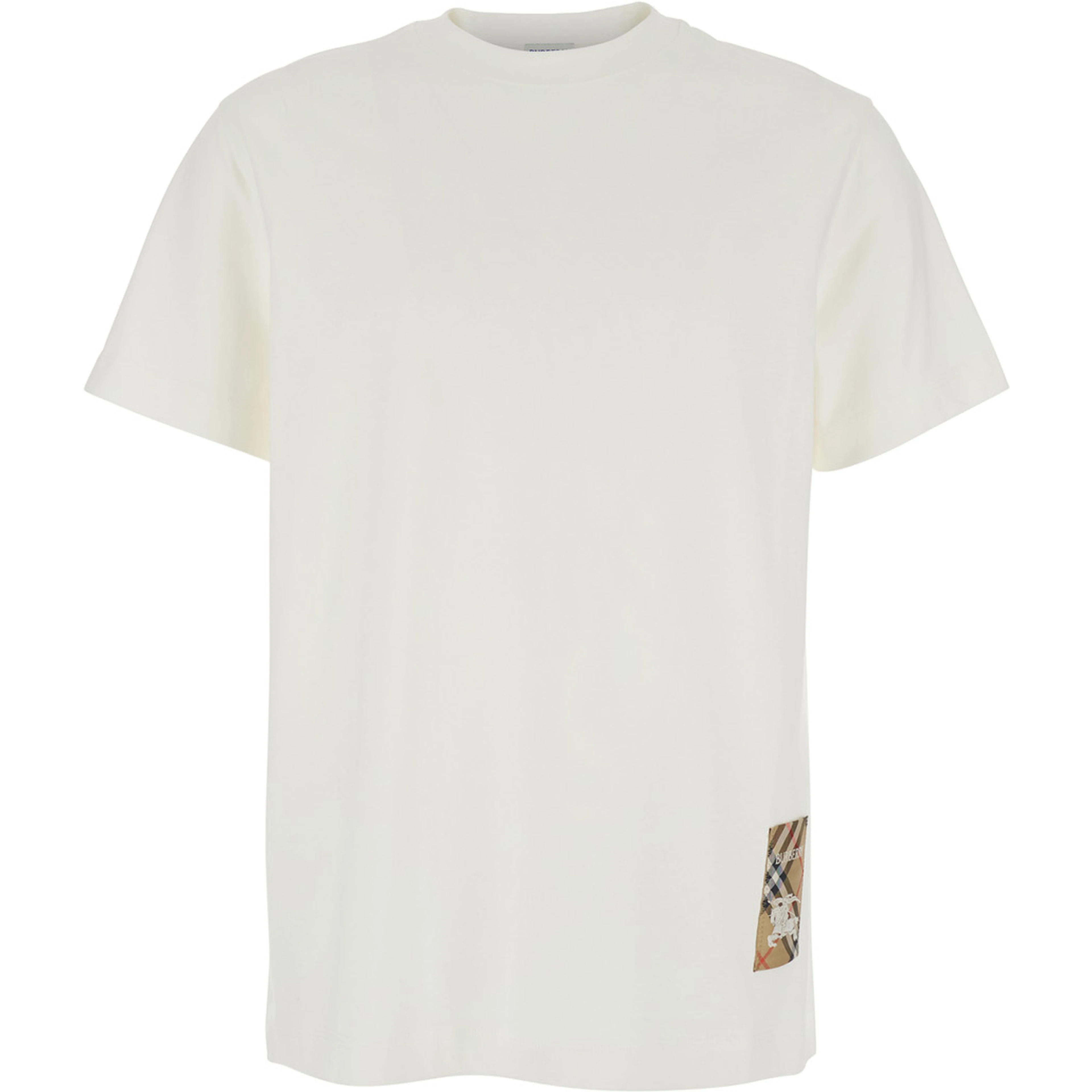 White T-Shirt with Logo Patch with Check Motif on the Front in Cotton Man