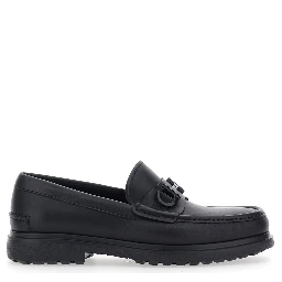 Tobia Black Loafers with Metal Gancini Detail on the Front and Raised Sole in Leather Man