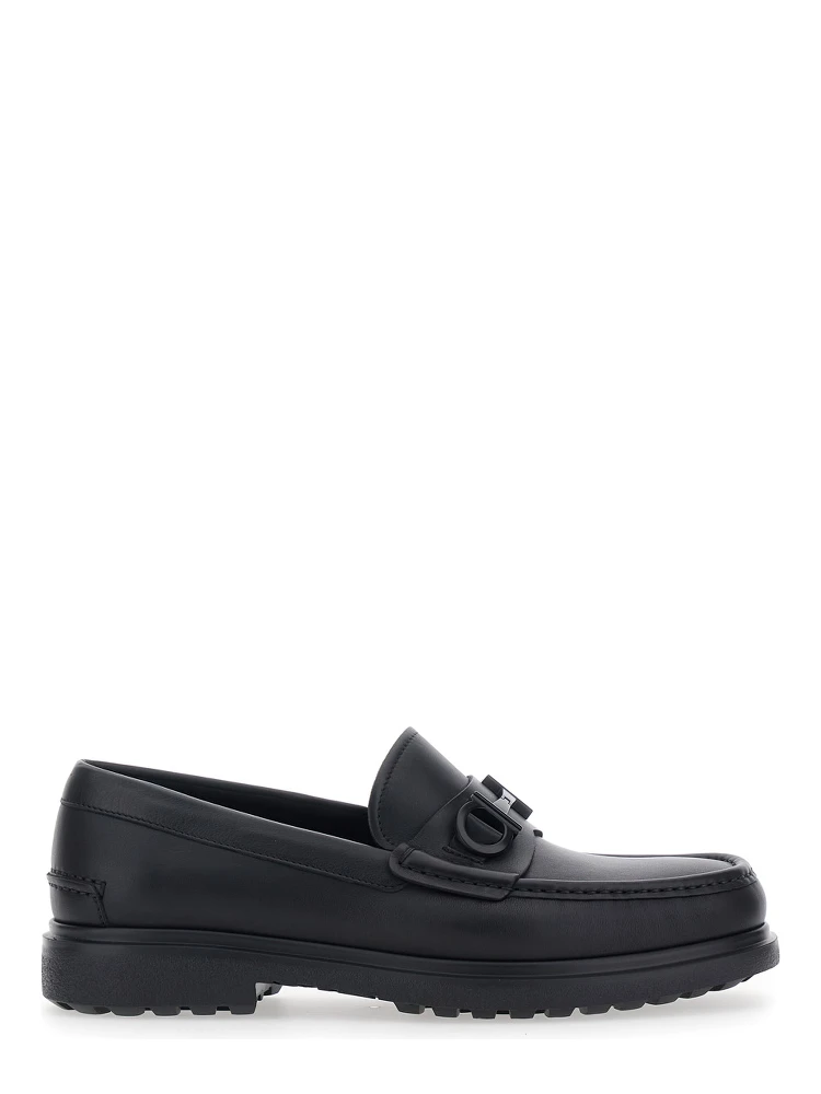 Tobia Black Loafers with Metal Gancini Detail on the Front and Raised Sole in Leather Man
