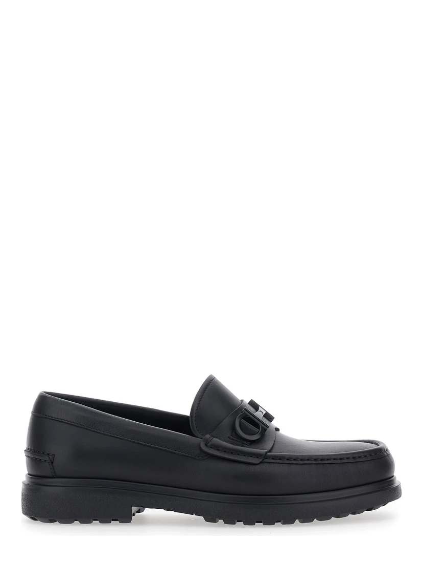 Tobia Black Loafers with Metal Gancini Detail on the Front and Raised Sole in Leather Man