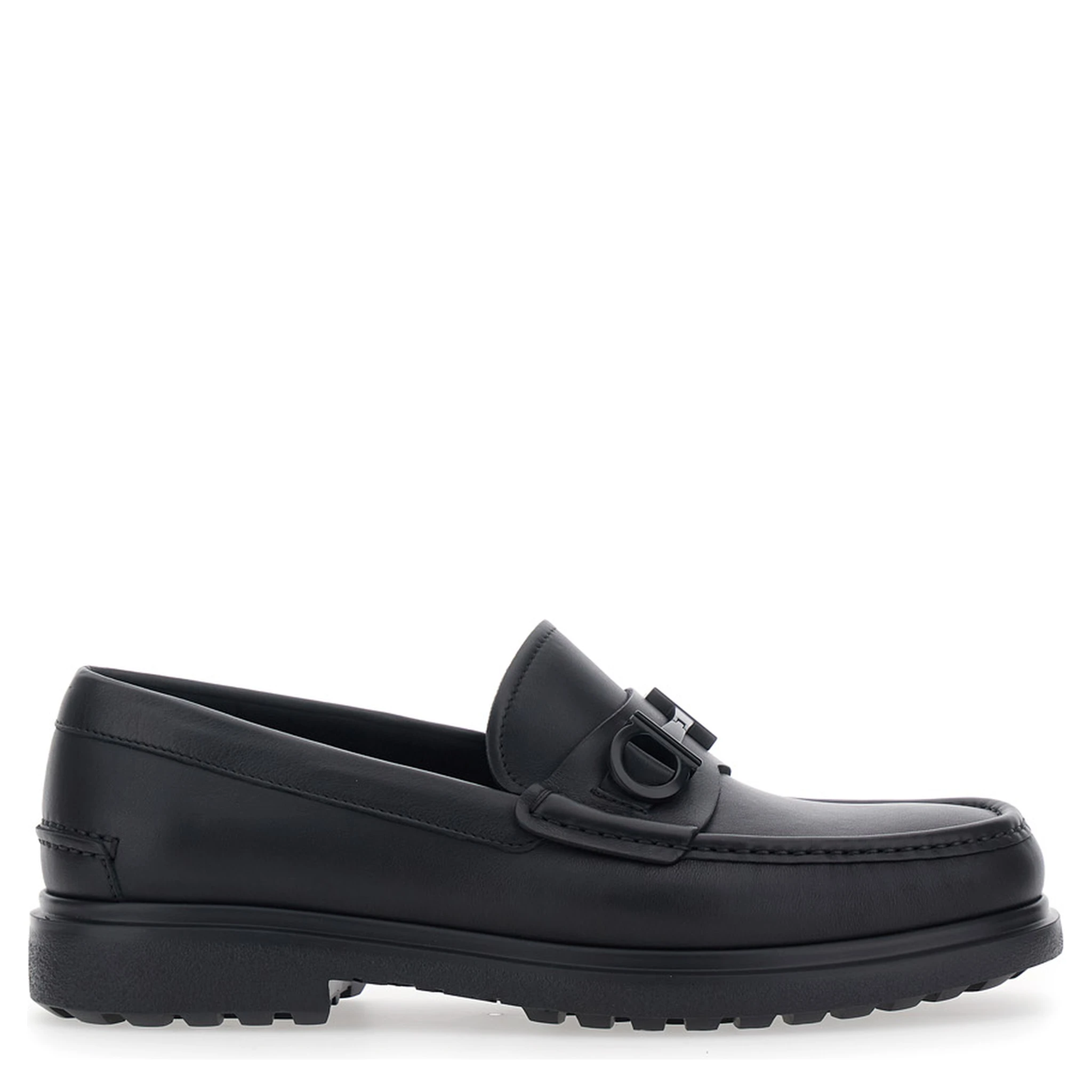 Tobia Black Loafers with Metal Gancini Detail on the Front and Raised Sole in Leather Man