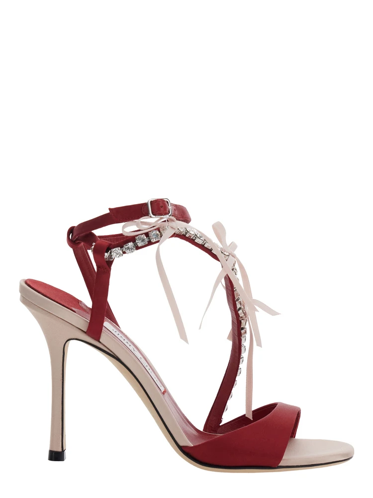 Lula Red Heeled Sandals with Crystal Straps and Shaped Bows in Satin woman