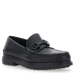 Tobia Black Loafers with Metal Gancini Detail on the Front and Raised Sole in Leather Man