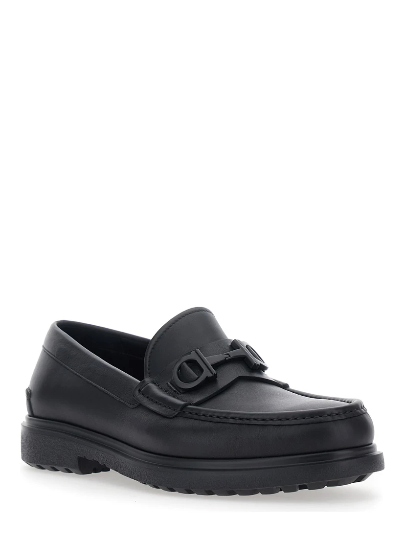 Tobia Black Loafers with Metal Gancini Detail on the Front and Raised Sole in Leather Man