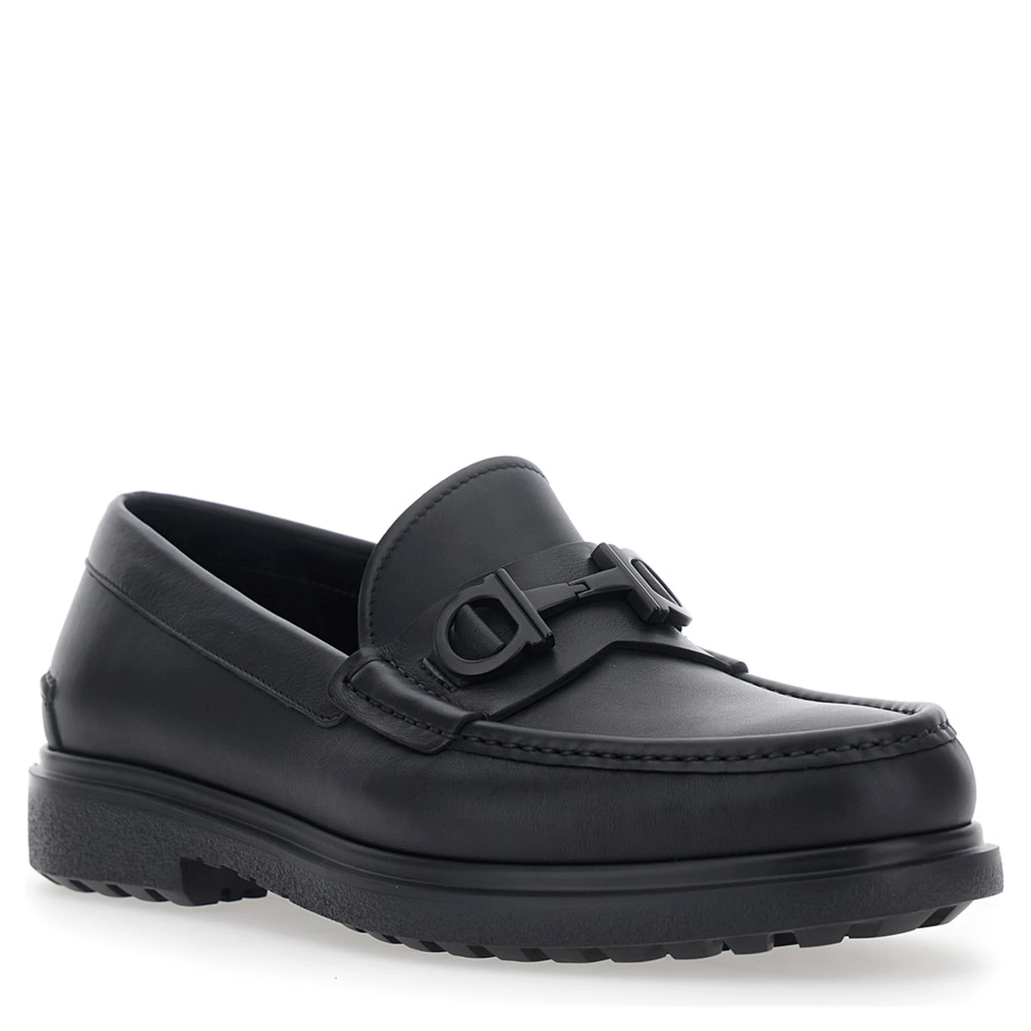 Tobia Black Loafers with Metal Gancini Detail on the Front and Raised Sole in Leather Man