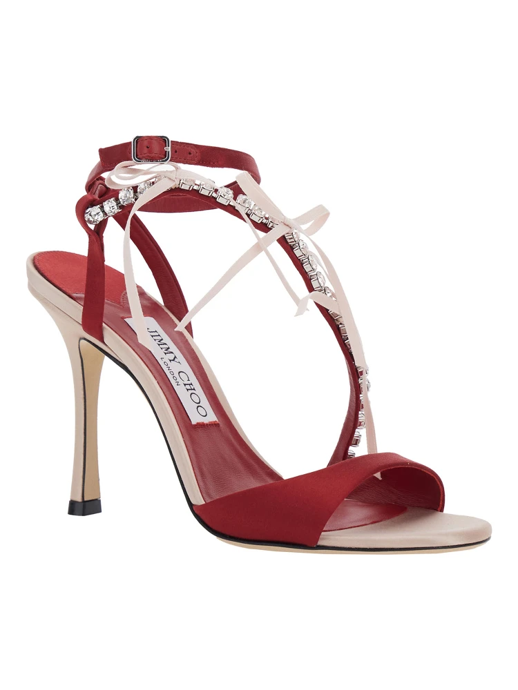 Lula Red Heeled Sandals with Crystal Straps and Shaped Bows in Satin woman alternative