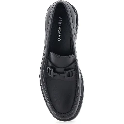 Tobia Black Loafers with Metal Gancini Detail on the Front and Raised Sole in Leather Man