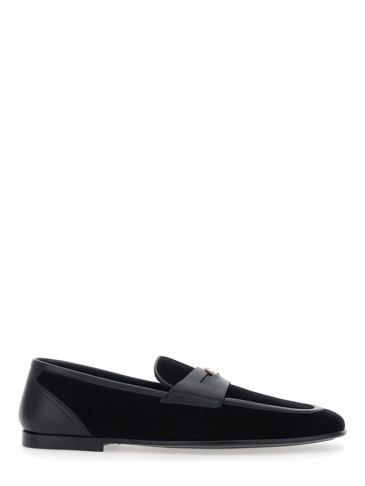 Ariosto Black Loafers with Metallic DG Logo Plate on the Front in Leather and Suede Man