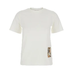 White T-Shirt with Logo Patch with Check Motif on the Front in Cotton Woman