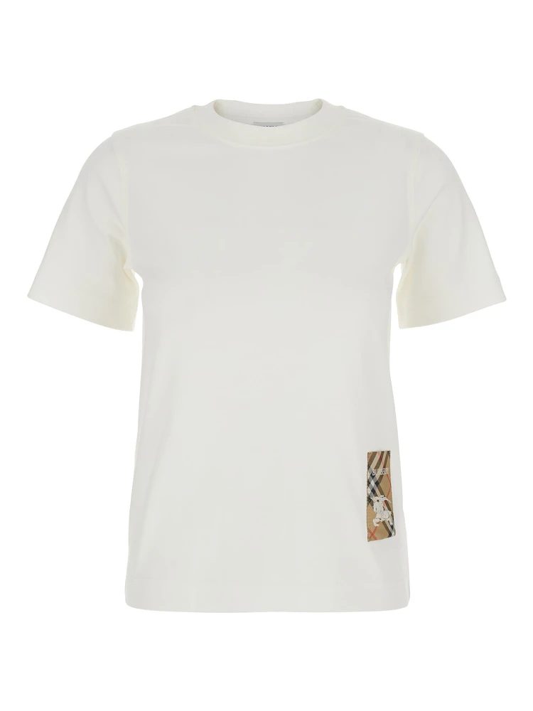 White T-Shirt with Logo Patch with Check Motif on the Front in Cotton Woman
