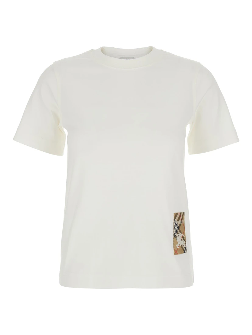 White T-Shirt with Logo Patch with Check Motif on the Front in Cotton Woman