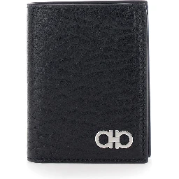 Black Bi-Fold Wallet with Gancini Plaque on the Front in Leather Man