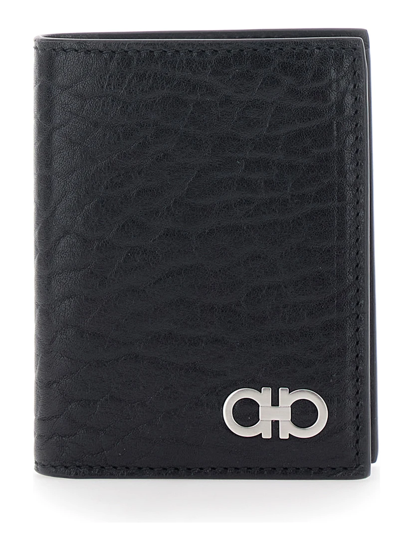 Black Bi-Fold Wallet with Gancini Plaque on the Front in Leather Man