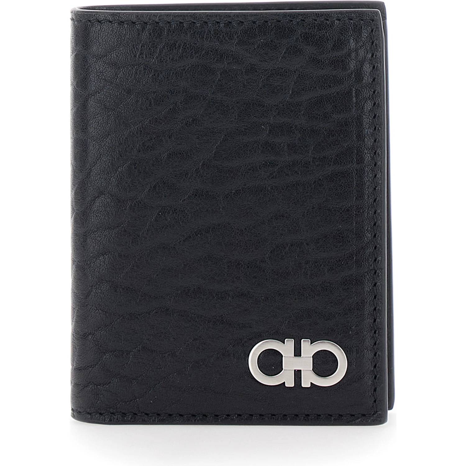 Black Bi-Fold Wallet with Gancini Plaque on the Front in Leather Man