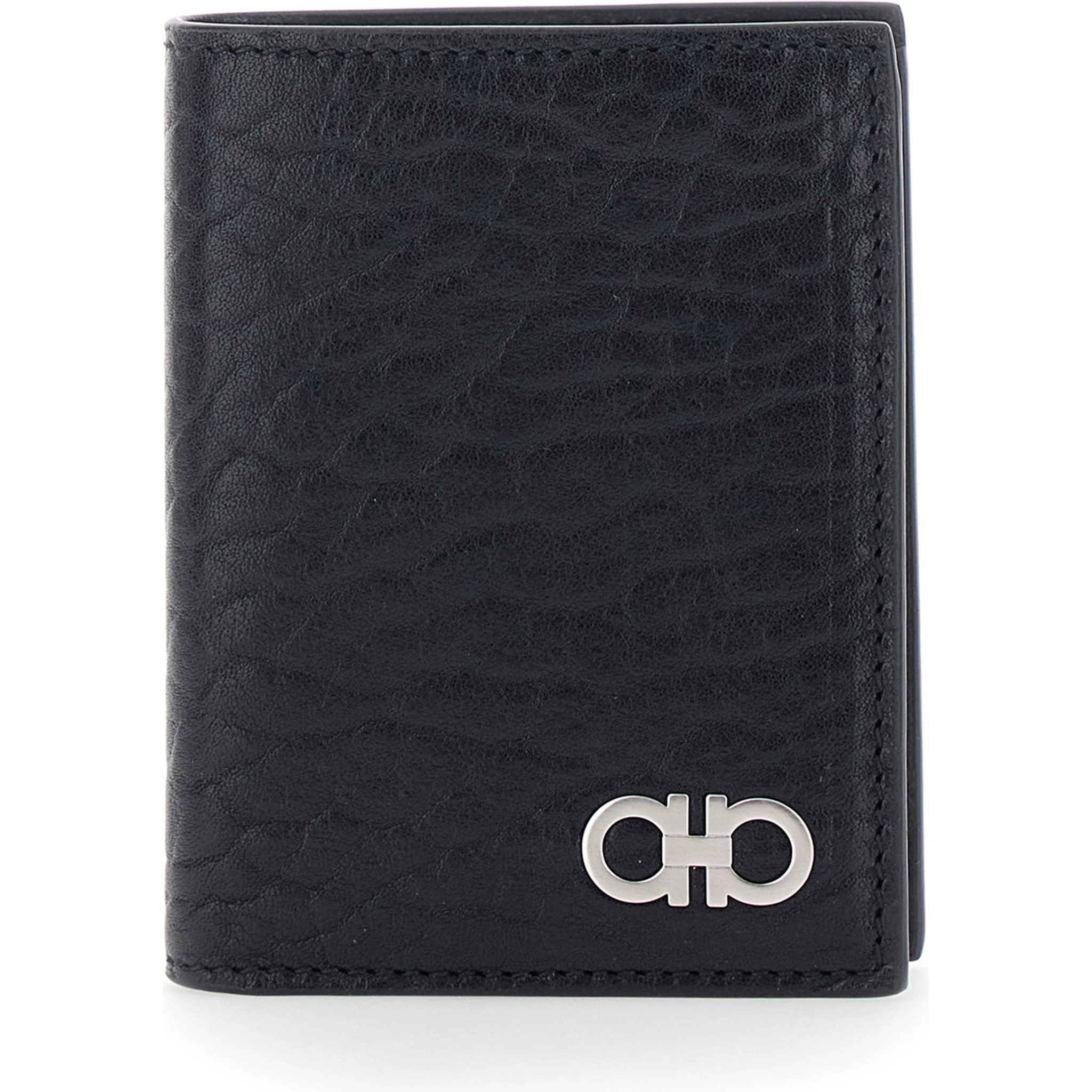 Black Bi-Fold Wallet with Gancini Plaque on the Front in Leather Man