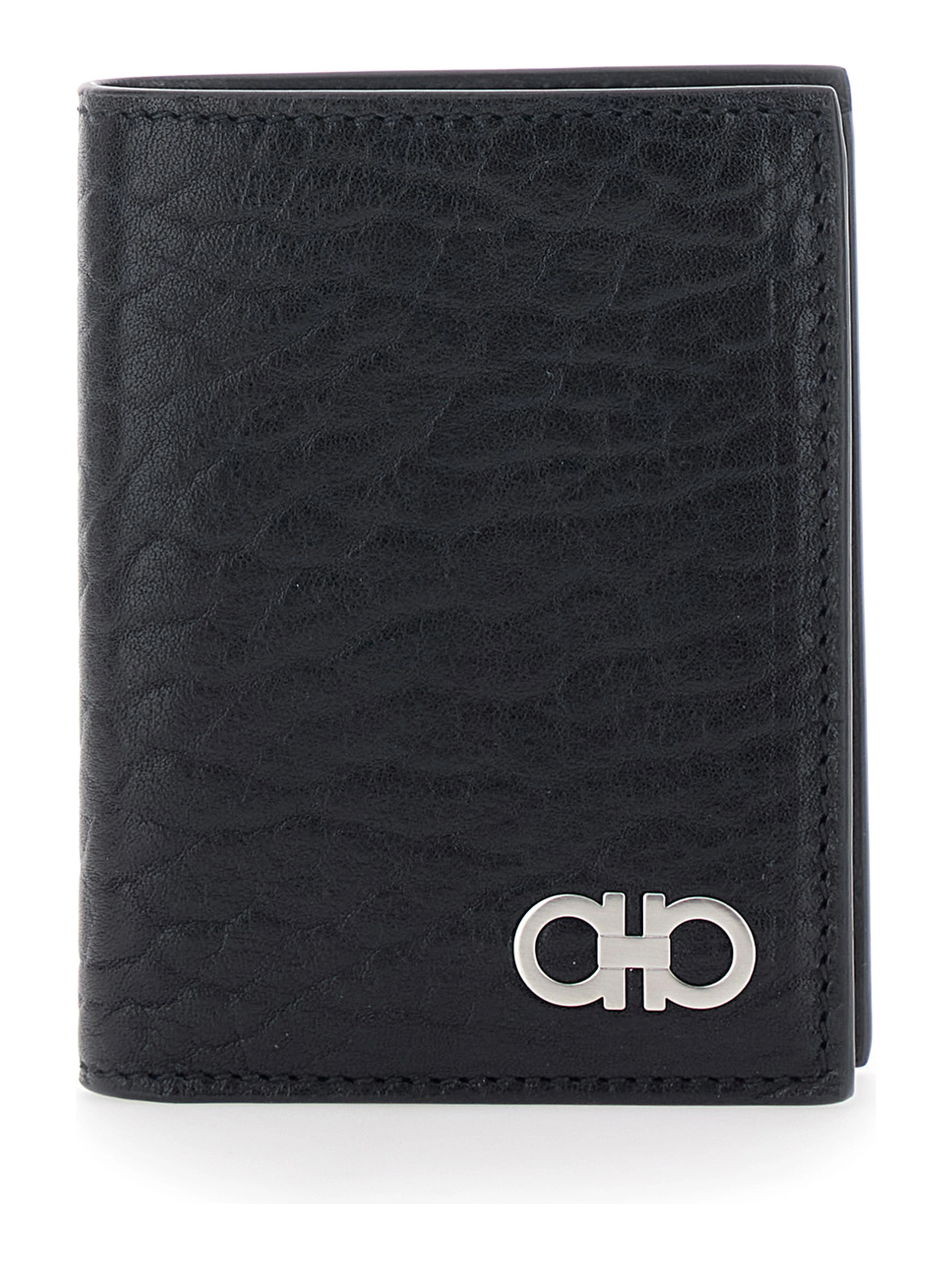 Black Bi-Fold Wallet with Gancini Plaque on the Front in Leather Man