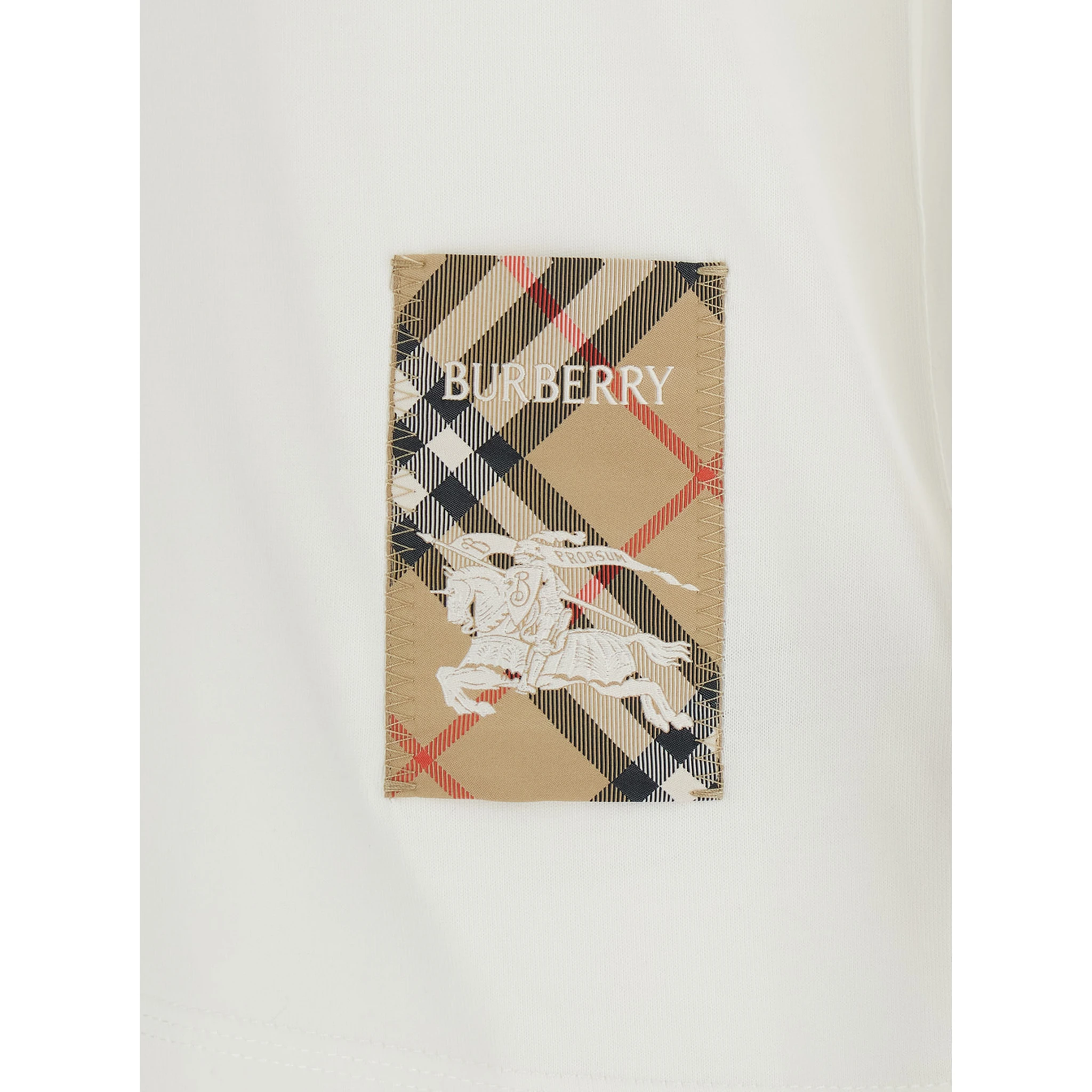 White T-Shirt with Logo Patch with Check Motif on the Front in Cotton Woman