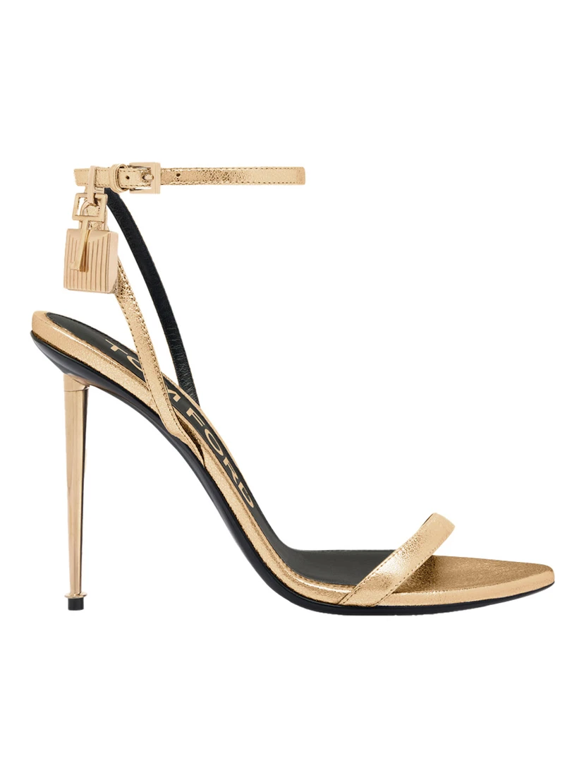 Gold Colored Pumps with High Stiletto Heel and Pendant Detail on the Ankle in Patent Leather Woman